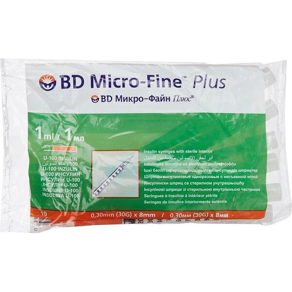 Шприц Micro-Fine Plus Инсулин. U-100 (1мл с несъемной иглой 30G(0,3х8) №10)