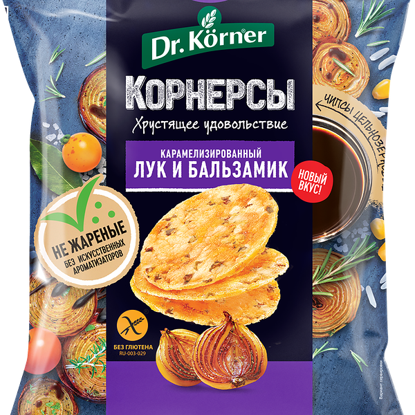 Чипсы кукурузно-рисовые Dr.Korner Корнерсы цельнозерновые, с карамелизированным луком и бальзамическим уксусом, 50г