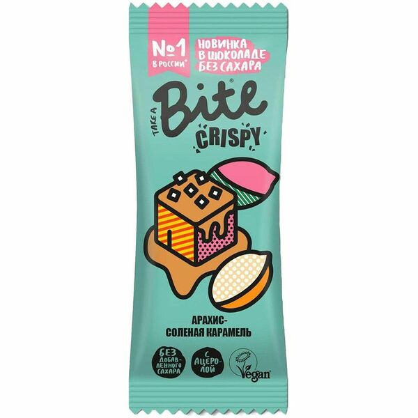 Батончик орехово-фруктовый Bite Crispy Арахис-Соленая карамель в шоколаде (без сахара)