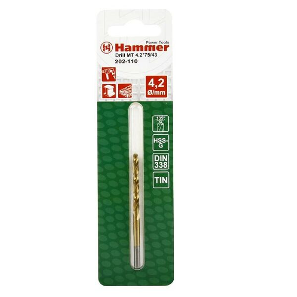 Сверло по металлу HAMMER 202-110 DR MT, 4.2 мм, 75 мм, DIN338, HSS-G TIN