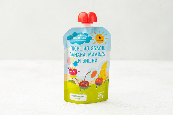 Пюре из яблок, банана, малины и вишни