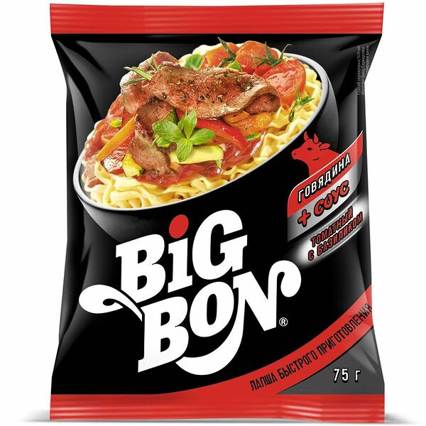 Лапша Big Bon говядина + соус с базиликом, 75г