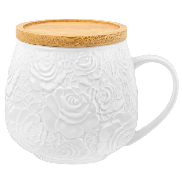 Кружка 400 мл, белые розы, бочонок + крышка-подставка