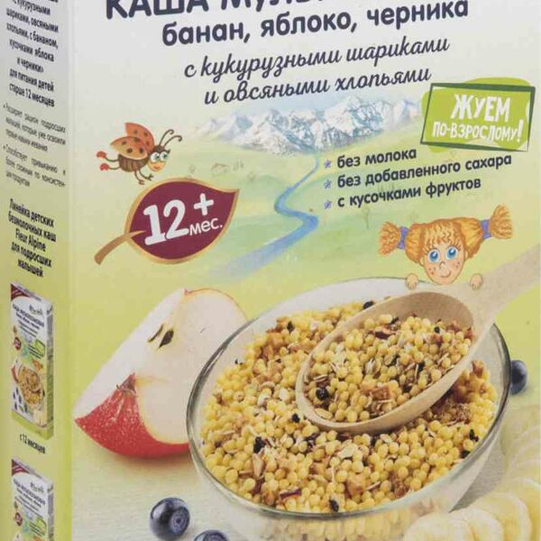 Каша мультизлаковая Fleur Alpine Банан, яблоко, черника с кукурузными шариками и овсяными хлопьями с 12 месяцев