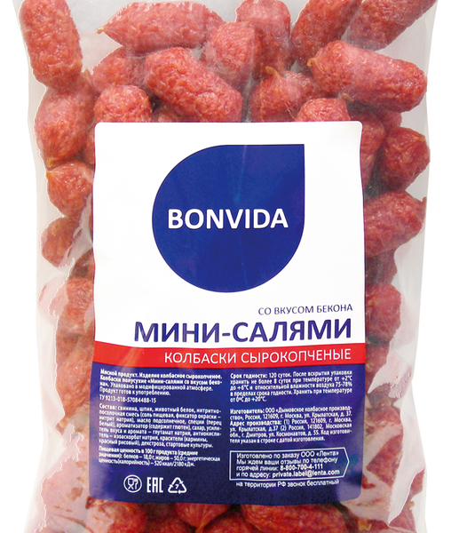 Колбаски BONVIDA Мини-салями со вкусом бекона полусухие защ.ср. вес 