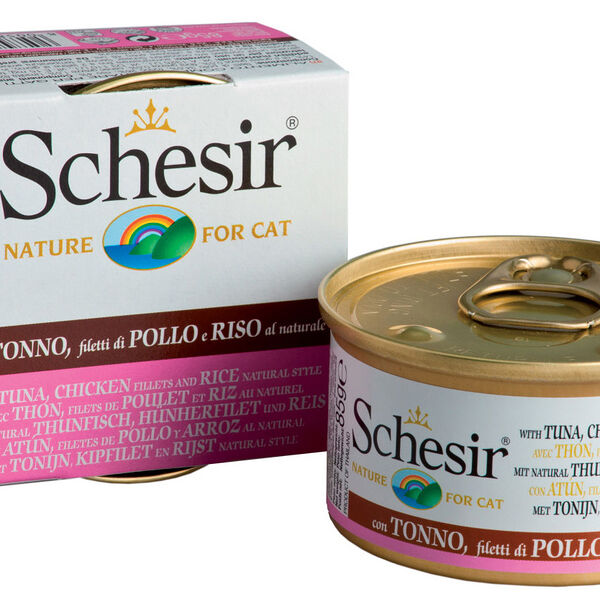 Schesir консервы для кошек (кусочки в собственном соку) Тунец, курица и рис