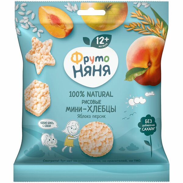 Мини-хлебцы ФрутоНяня рисовые с яблоком и персиком, 30г