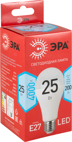 

Лампа светодиодная Эра RED LINE LED A65 E27 25Вт 4000К груша нейтральный белый свет