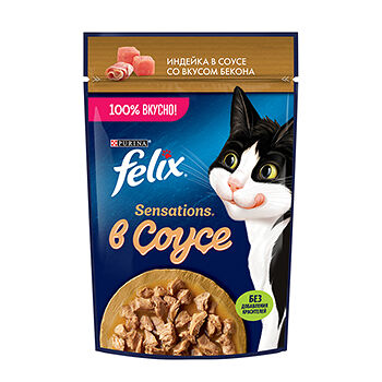 Корм влажный Felix Sensations Индейка в соусе со вкусом бекона для взрослых кошек