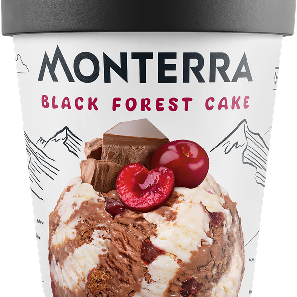 Мороженое MONTERRA Black Forest Cake, сливочное и шоколадное с вишней и кусочками печенья 10,4%, без змж, картонный стакан, 300г