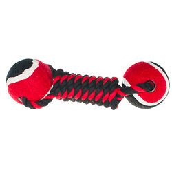 Игрушка для собак Гантель из теннисных мячей на веревке красный с черным 22 см