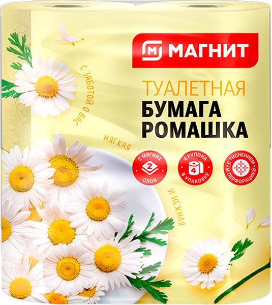 Туалетная бумага Магнит ромашка 2 слоя 4 рулона