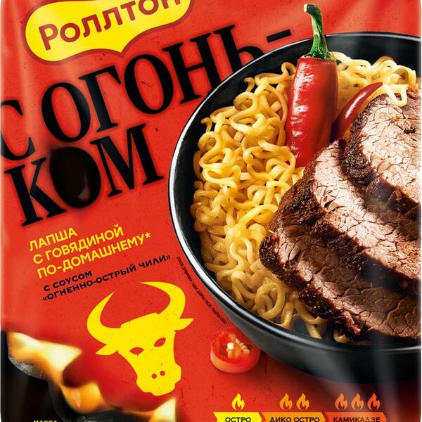 Лапша Роллтон с говядиной по-домашнему с соусом Огненно-острый чили 90г