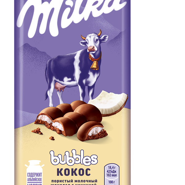 Шоколад молочный пористый Milka Bubbles кокос