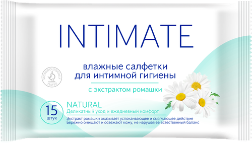 

Салфетки влажные для интимной гигиены INTIMATE с экстрактом ромашки, 15шт