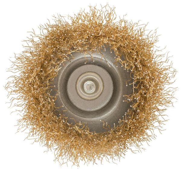 Корщетка чашка, с штифтом, стальная латунированная волнистая проволока 65 мм