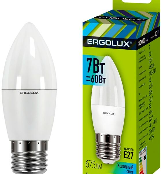 Лампа Ergolux светодиодная LED C35 7W E27 4K