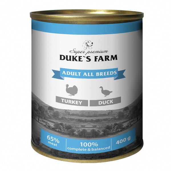 Корм для собак DUKE'S FARM Паштет из индейки с уткой банка 400г (упаковка - 24 шт)