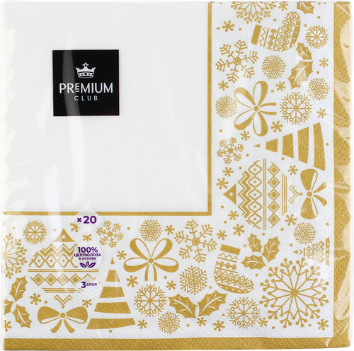 

Салфетки бумажные Premium Club Новогодняя скатерть 3-слоя 33х33см, 20шт