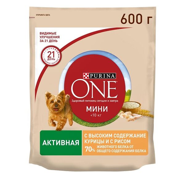 Корм для собак PURINA ONE Mini для активных, с курицей и рисом сухой 600 г