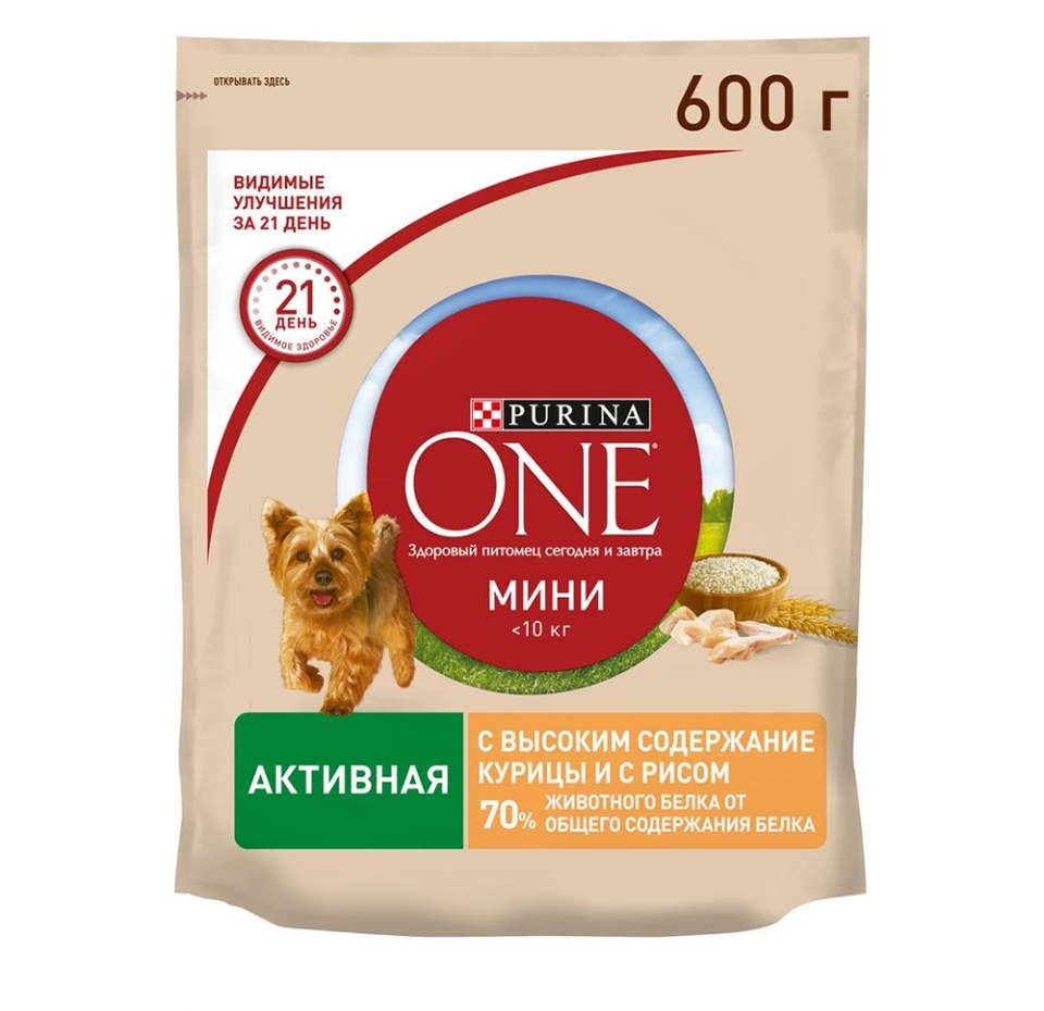 

Корм для собак PURINA ONE Mini для активных, с курицей и рисом сухой 600 г