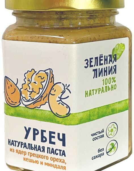 Паста Зеленая линия Урбеч из ядер грецкого ореха кешью и миндаля 190г