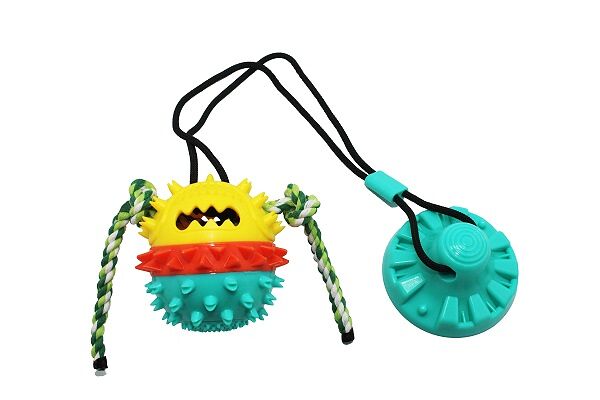 №1 Игрушка для собак Тяни-кусай интерактивная на одной присоске, бирюзово-желтый шипованый мяч 71см