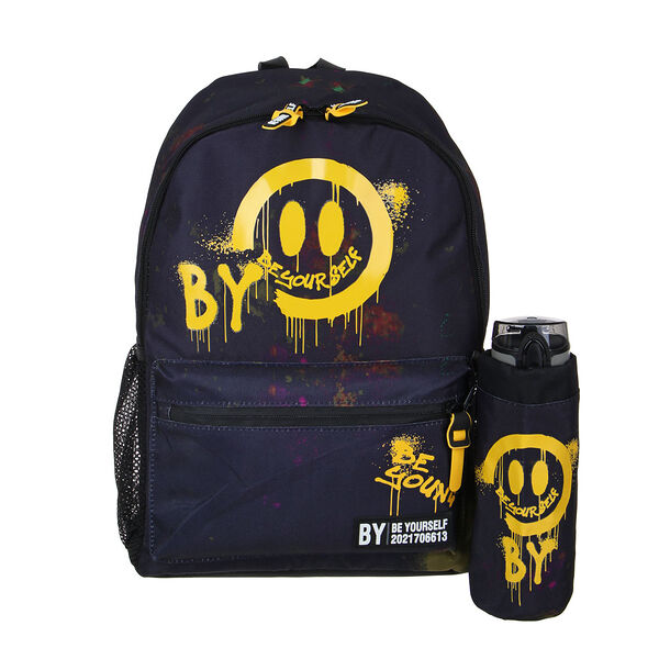 By смайл рюкзак подростковый, 41x29x18см, 1 отд., 4 карм., темный фон, бутылка для воды в чехле, пэ