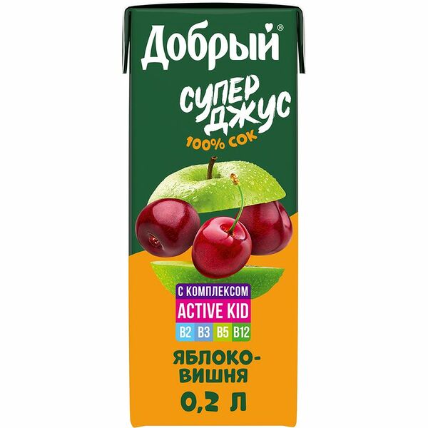 Сок Добрый из яблок и вишни обогащённый витаминным комплексом Active kid, 200мл