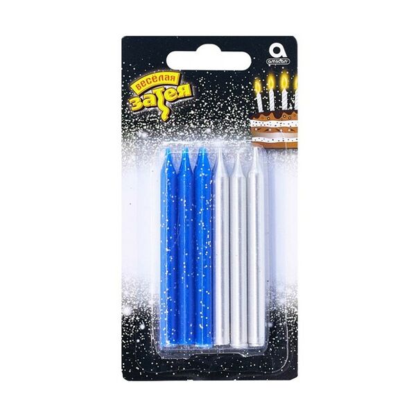 Свечи для торта Веселая Затея (серебристые и синие, 12 шт.)