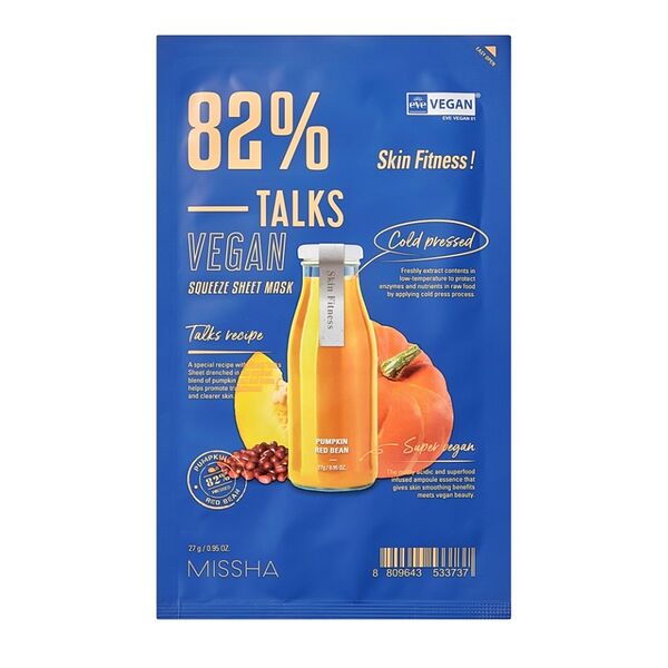 Маска Talks Vegan Squeeze Skin Fitness! освежающая для гладкости кожи с экстрактами тыквы и красных бобовых, Missha, 27 г, Республика Корея