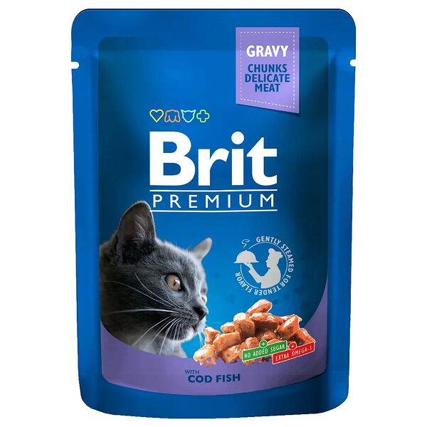 Полнорационный влажный корм премиум-класса для взрослых кошек Кусочки с треской ТМ Brit Premium (Брит Премиум) 85 г