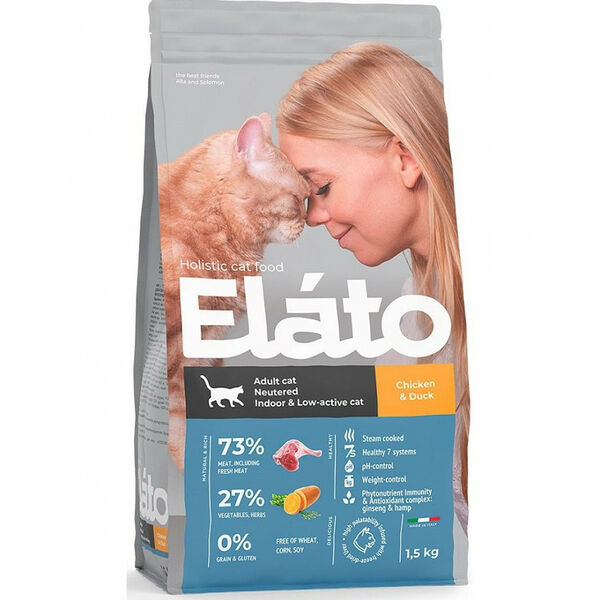 Сухой корм для взрослых кастрированных котов и стерилизованных или малоактивных кошек Elato Holistic Adult Cat Neutered / Indoor & Low-Active Cat с курицей и уткой