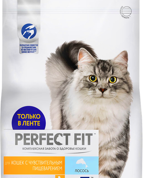 Корм сухой для взрослых кошек PERFECT FIT с лососем, при чувствительном пищеварении