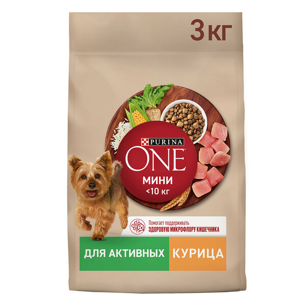 Сухой корм Purina ONE® МИНИ <10 кг для собак мелких пород с активным образом жизни, с высоким содержанием курицы и с рисом, 3 кг