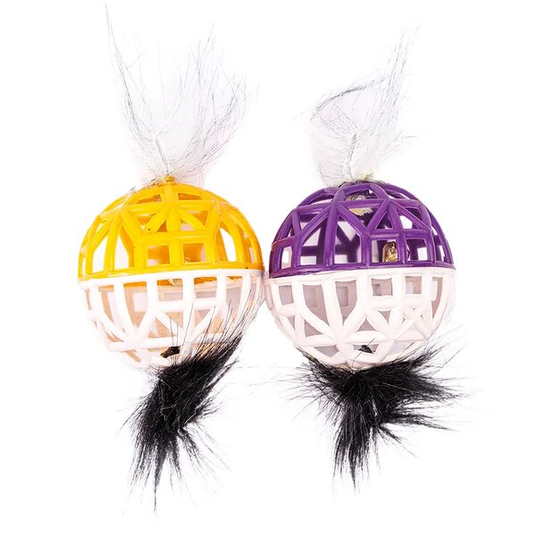 Игрушка для кошек Мячик сетчатый с бубенчиком и меховыми хвостиками(2шт)