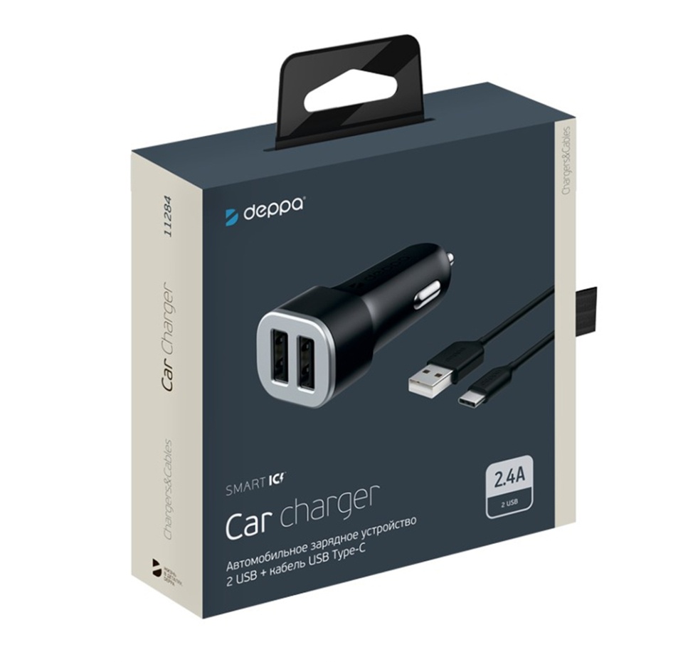 

AЗУ планшет Deppa 2 USB 2.4А + кабель USB Type-C черный Ultra