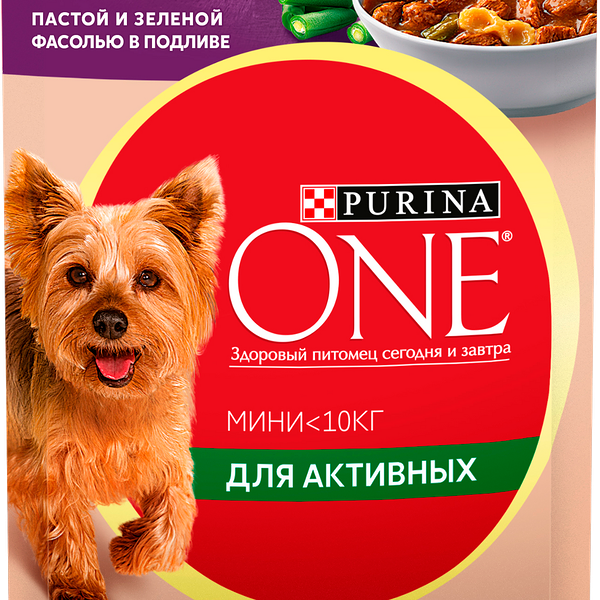 Влажный корм Purina ONE Мини Активная для взрослых собак мелких пород с активным образом жизни, с уткой, пастой и зеленой фасолью в подливе 85 г