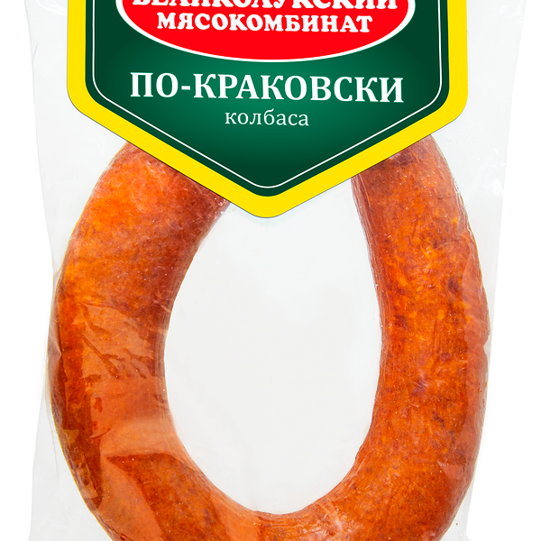 Колбаса Великолукский Мясокомбинат По-Краковски п/к (черева) в/уп вес до 500г