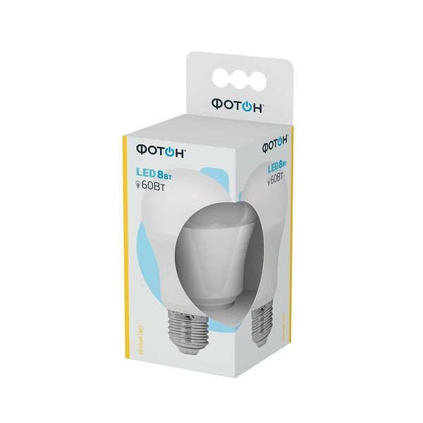Лампа светодиодная Фотон LED, E27, 8 Вт, 3000К, A60