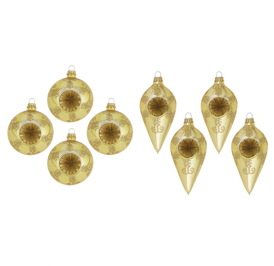 

Набор игрушек для елки Krebs Шары/Капли с рефлекторами золотые 7/10см, упаковка 4шт, Румыния