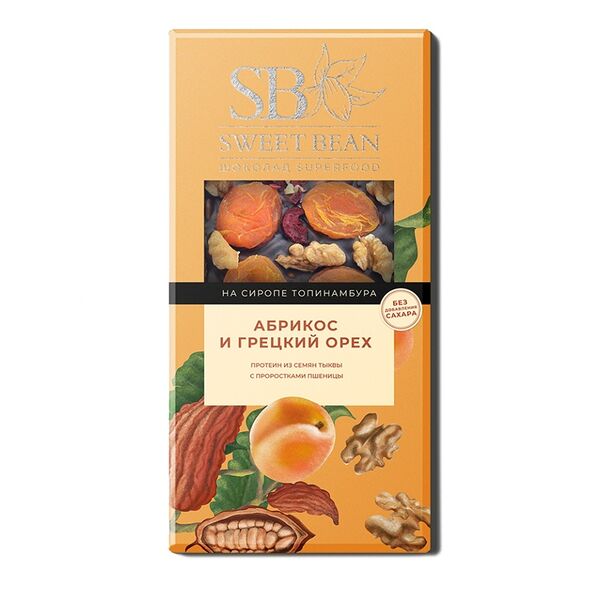 Шоколад веганский Sweet Bean с суперфудами Абрикос-Грецкий орех на сиропе топинамбура 90 г