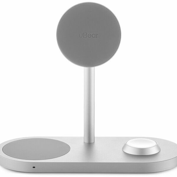 Беспроводное зарядное устройство uBear Stage Pro 3в1, 30 Вт, серебро