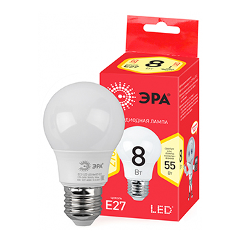 

Лампочка светодиодная ЭРА RED LINE ECO LED A55-8W-827-E27 Е27 8Вт груша теплый белый свет