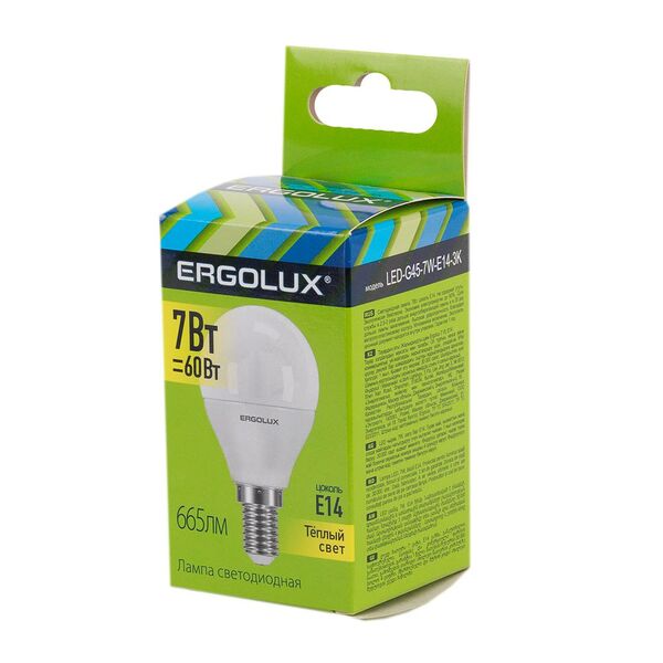 Лампа светодиодная ERGOLUX LED, 7Вт, E14, 3000K, 172-265В, шар