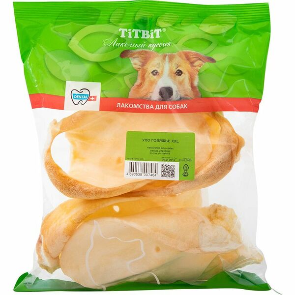 Лакомство TiTBiT из субпродуктов ухо говяжье для собак, 80г