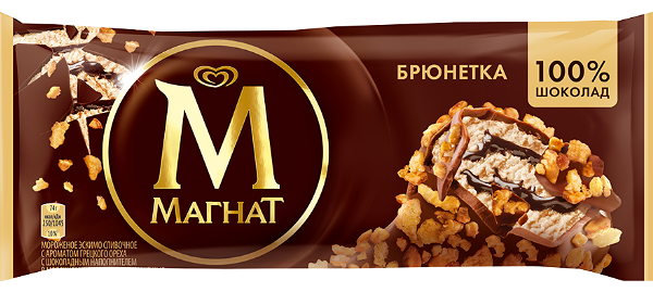 Мороженое Магнат Брюнетка сливочное с шоколадным топингом, грецким орехом, кешью и кукурузными хлопьями, эскимо