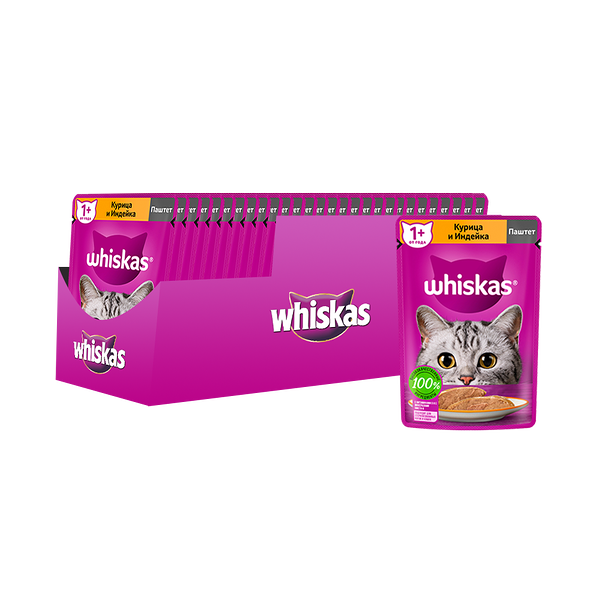 Корм для кошек WHISKAS курица, индейка паштет пауч 75г (упаковка - 24 шт)