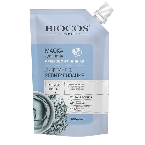 Маска для лица Biocos на основе голубой глины Лифтинг и Ревитализация, дойпак, 100 мл