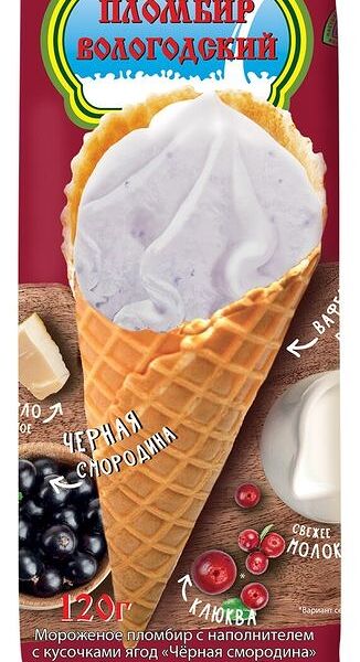 Мороженое Вологодский Пломбир с кусочками черной смородины и клюквы 12%, 120г